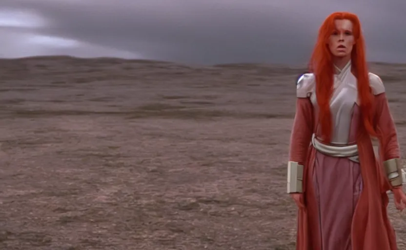 Prompt: screenshot of Julian Moore as Mara Jade, the female jedi, from the film 2001 Space Oddyssey (1968) directed by Stanley Kubrick, 4k still frame, windy hair, cinematic lighting, stunning cinematography, hyper detailed scene, anamorphic lenses, kodak color film stock