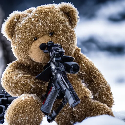 Image similar to cinematic shot of a teddy bear as a special forces soldier holding a sniper rifle in a snowy mountain range, 8 k, depth of field, very detailed,