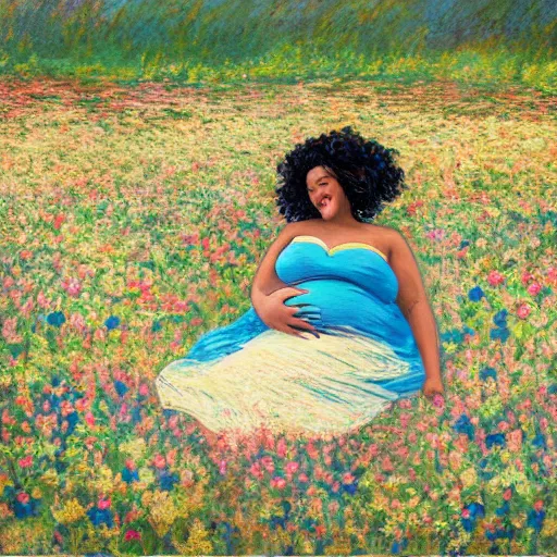 Image similar to pregnant black woman with curly hair in a vast field of flowers, laying down, a tiny black puppy running around, golden hour, vintage, impressionist painting, fine art, oil painting, dreamy, pastel, laughing, happy, intricate details, sharp, peaceful, serene