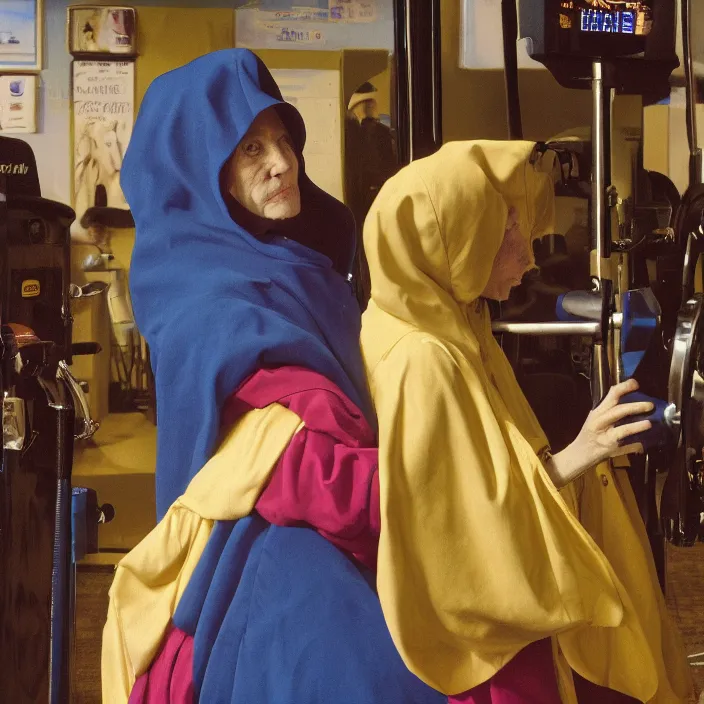 Image similar to a woman in a hooded cloak, in a planet fitness, color photograph, by jan van eyck, canon eos c 3 0 0, ƒ 1. 8, 3 5 mm, 8 k, medium - format print