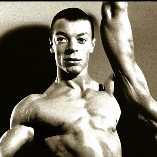 Image similar to photograph of young Jean Claude Vandamme doing the splits, dramatic lighting ,award winning,