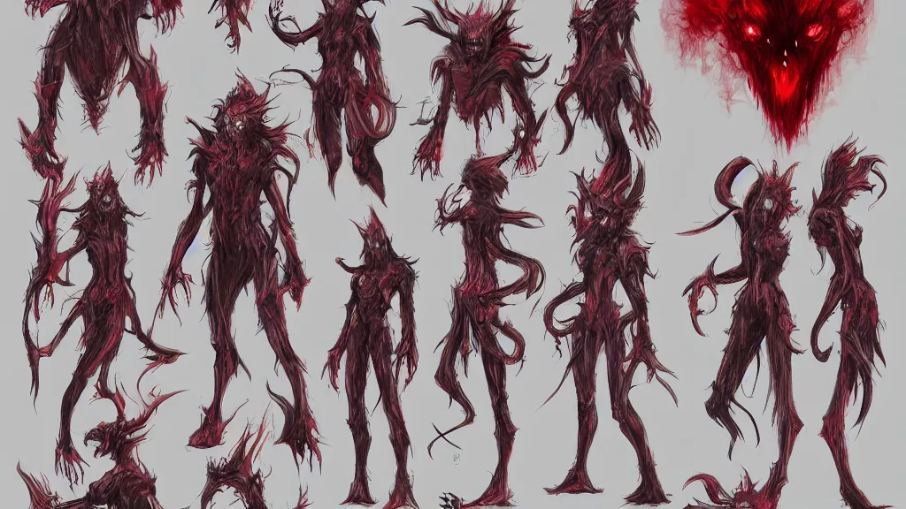 Image similar to a hazy shape shifting demonic spirit with red eyes character design sheet, trending on artstation