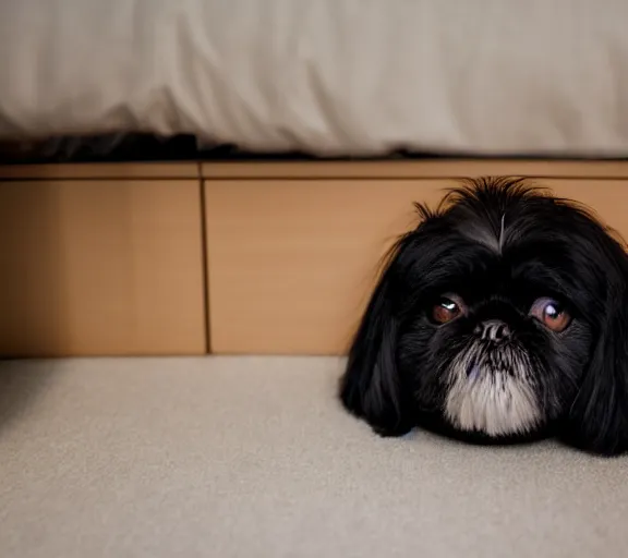 Image similar to a cute black shih - tzu under a bed. hyper realistic and anamorphic 2 0 1 0 s movie still of giovanni falcone, by paolo sorrentino, leica sl 2 3 0 mm, beautiful color, high quality, high textured, lens flare, refined face