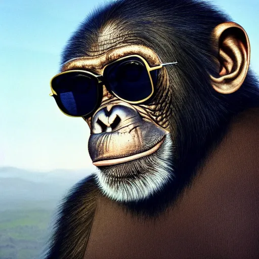 Prompt: high quality 8 k landscape photo of a smiling happy and arrogantly wise looking chimpanzee wearing cool dark sunglasses, highly detailed, cinematic composition, cinematic lighting, by gustave dore