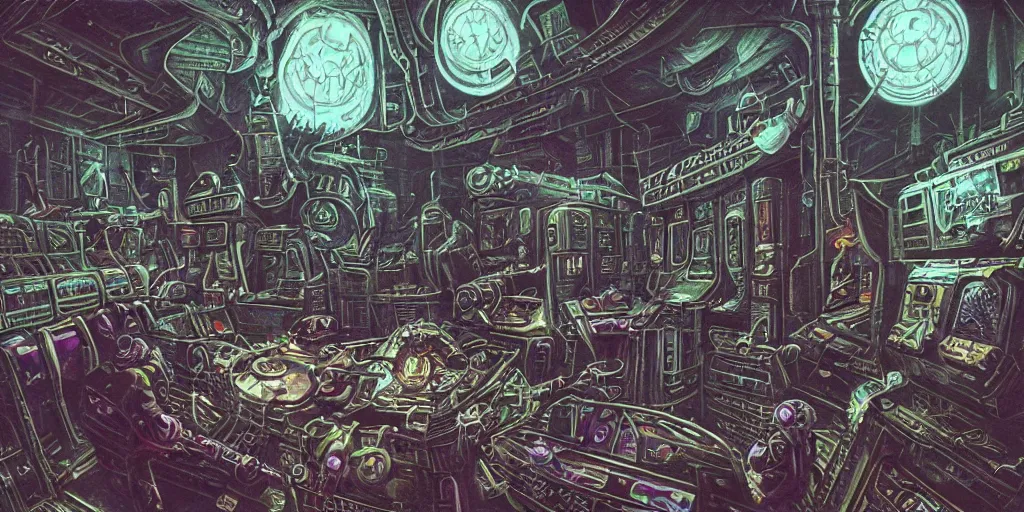 Image similar to an eldritch brutalist gothic airbrush painting of a voidpunk starship interior, illustrated by HG Wells, Warhammer 40k, Lisa Frank, Josh Kirby, sci-fi and cyberpunk, clean linework, Obsidian, technological, artificial