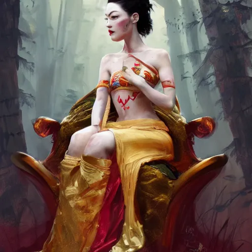 Image similar to Portrait of Stoya as a oriental queen on her throne in the forets, by Sergey Kolesov, trending on Artstation, 8k, masterpiece, graffiti paint, dishonored, fine detail, full of color, intricate detail