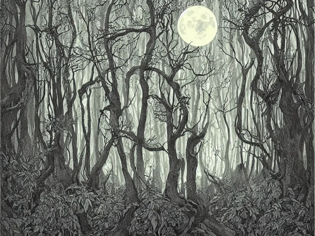 Image similar to dense forest, artstation, by aubrey beardsley, by caspar david friedrich, by laurie lipton, by kay nielsen, by ivan shishkin, calligraphy, divine, paradox, mycelium, gnarly trees, terrifying, witchcraft!, hope, moon, mountains in background