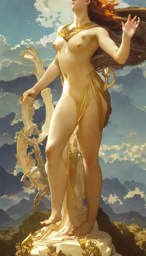 Image similar to goddess helios descending from olympus, artstation, concept art, smooth, sharp focus, illustration, art by artgerm and greg rutkowski and alphonse mucha and william adolphe bouguereau and john william waterhouse