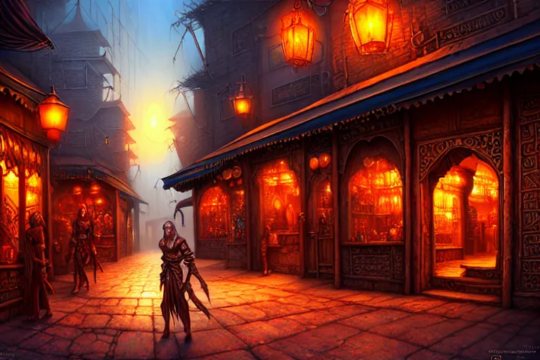 Image similar to a highly detailed bazaar street in the planescape city of sigil, amazing planescape digital painting, by gerald brom, brom digital art, intricate details, ultra realistic, beautiful art, volumetric lighting, warm colors advance cool colors recede, by brom, trending cgsociety, artstation, rim lighting, 8 k