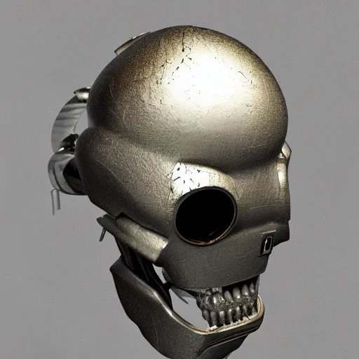 Prompt: 3 d render melted droid head skull, sculpture, chrometype, liquid metal, neotribal, raytraced, volumetric lightning, 8 k by wlop, innate studio h - 1 0 0 0 w - 1 0 0 0