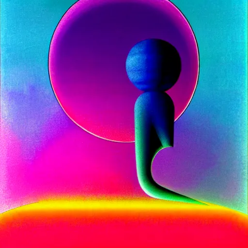 Prompt: limitless eternal uncreated void, an asymmetrical colorful ombre. high key, anaglyph lighting, detailed character design, melancholic complex flat geometric minimalism by oskar schlemmer, moebius, nagel, john berkey, oil on canvas, portrait facial head, featured on artstation, hd wallpaper, anime art nouveau cosmic display