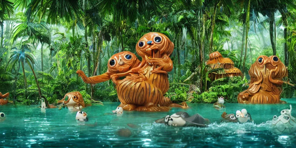 Image similar to of a tropical rainforest lake with strange cute friendly happy creatures with huge eyes, mouth, long tongue, round teeth and goofy face, appearing from the water, in the style of gehry and gaudi, macro lens, shallow depth of field, ultra detailed, digital painting, trending artstation, concept art, illustration, cinematic lighting, photorealism, epic, octane render