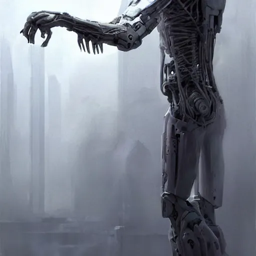 Prompt: concept art by greg rutkowski, a very tall and slender cyborg, similar to a michelangelo, standing in front of a large rectangular looking space, high tech and futuristic white walled environment, unnatural lighting, uncanny atmosphere, frightening and creepy atmosphere, scifi, highly detailed portrait, digital painting, artstation, concept art, smooth, sharp foccus ilustration, artstation hq