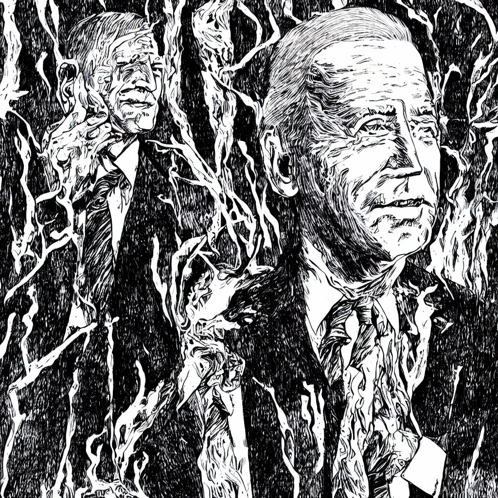 Image similar to Joe Biden full body portrait, body horror, black and white Illustration by Junji Ito