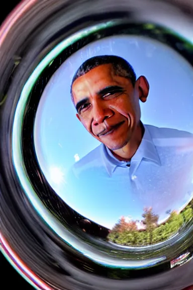 Image similar to a very close up fish eye lens photo of Obama