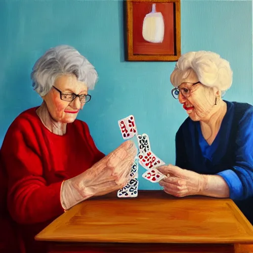 Image similar to 2 old ladies and a woman playing cards in a commieblock apartment, still life painting, oil painting