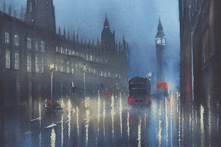 Image similar to a watercolour of rainy night at London ,blue and grey theme by Josepth zbukvic