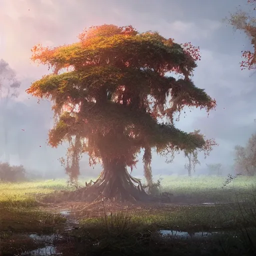 Prompt: a beautiful tree in the middle of a swamp, digital Art, Greg rutkowski, Trending artstation, cinematic