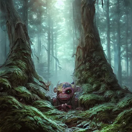 Prompt: highly detailed creepy forest humanoide creature, stephen bliss, tony tony chopper, unreal engine, fantasy art by greg rutkowski, loish, rhads, ferdinand knab, makoto shinkai and lois van baarle, ilya kuvshinov, rossdraws, tom bagshaw, global illumination, radiant light, detailed and intricate environment