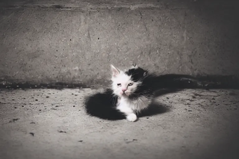 Prompt: a sad kitten in the corner of a dark basement