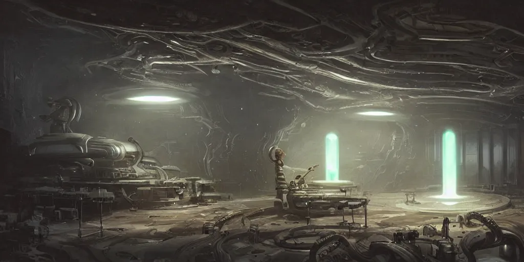 Image similar to bunker laboratory with alien mechanisms!!!!! inside, with mystical glowing fluid!!!!!!, ultra detailed, science fiction illustration, made by greg rutkowski