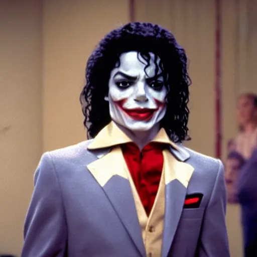 Image similar to a film still of Michael Jackson starring as The Joker, 40mm lens, shallow depth of field, split lighting, cinematic