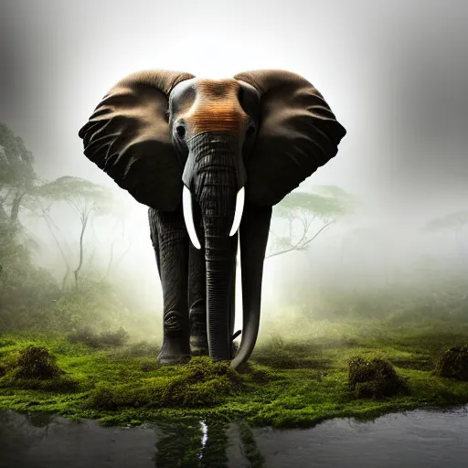 Image similar to an elephant with octopus tentacles as a trunk, standing in a jungle with ominous light from above, ambient light, fog, river