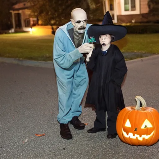 Prompt: walter white goes trick or treating on halloween, nighttime