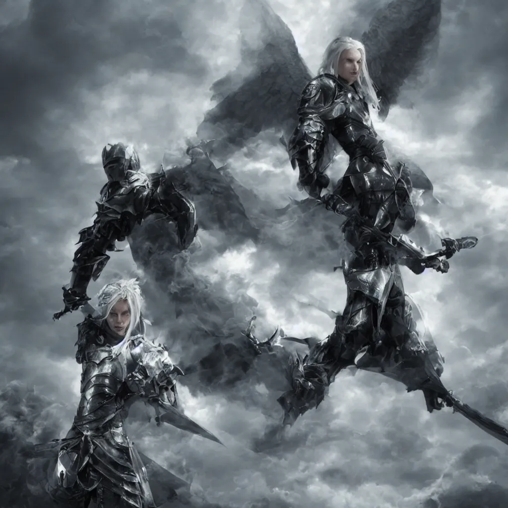 Image similar to a powerful menacing angel in focus with white hair, pale skin, knighted armor and sword levitating and surrounded by a cloud of black smoke. ultra - realistic, 8 k, detailed.