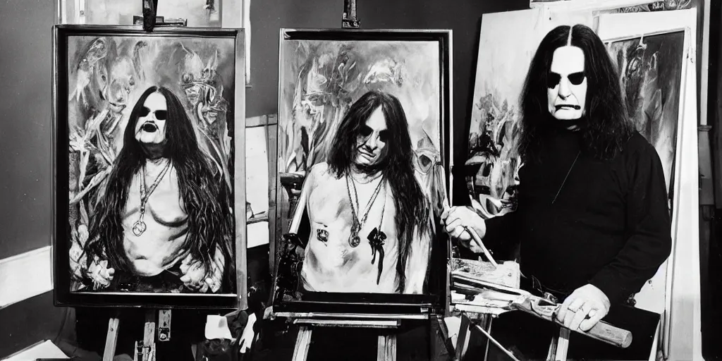 Prompt: black sabbath's ozzy osborne, stands at his easel, painting a self portrait