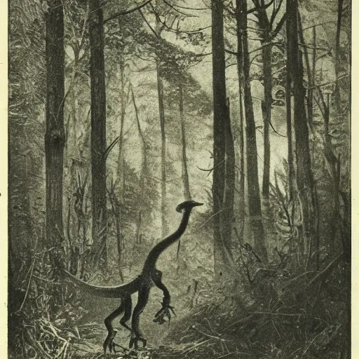 Prompt: daguerrotype of a velociraptor sighting in a dense forest 1 8 8 5