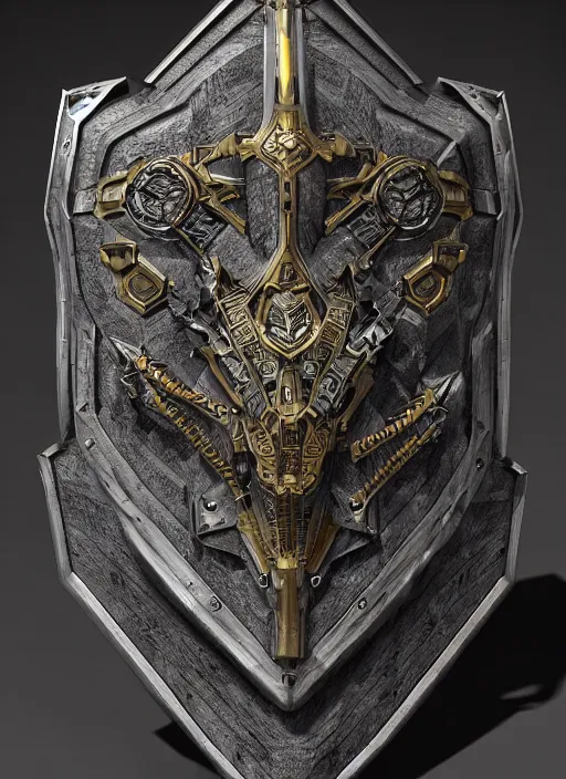 Image similar to hyper realistic glorious ancient shield in a obsidian metal armor, futuristic design, designed by makoto kobayashi and luca zampriolo, cyberpunk style, wood and gold details, intricate, extremely detailed, ornate, deep of field, hard surface, exoskeleton, substance designer metal unreal engine. amazing likeness. very detailed.