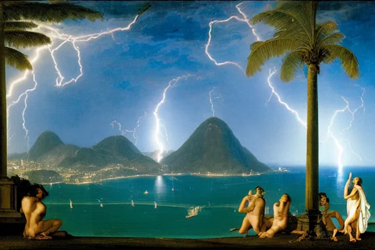 Image similar to Rio de Janeiro balustrade and palace columns, refracted lightnings on the ocean, thunderstorm, tarot cards characters, beach and Tropical vegetation on the background major arcana sky and occult symbols, by paul delaroche, hyperrealistic 4k uhd, award-winning, very detailed paradise