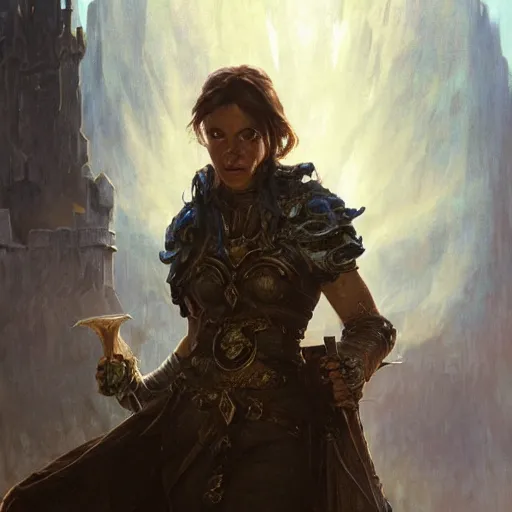 Image similar to closeup portrait of a dungeons and dragons character, dramatic lighting, castle background, gorgeous view, realistic, high detail, depth of field, lightrays, atmospheric, digital art, painted by greg rutkowski, painted by jeremy mann, painted by alphonse mucha, trending on artstation