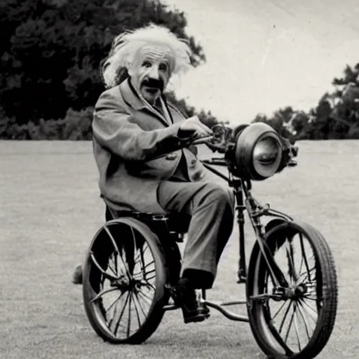 Image similar to Albert Einstein driving a Star Wars Speeder bike