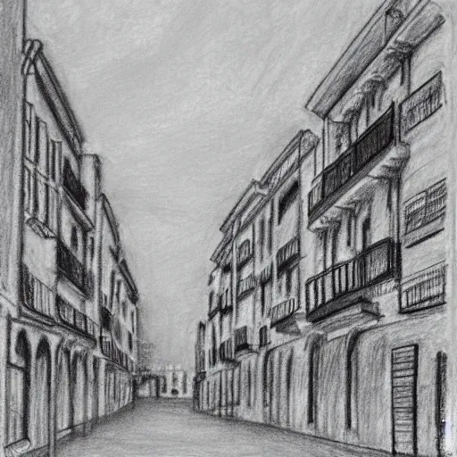 Prompt: ultrarealistic pencil drawing by Isabel Quintanilla, of a quiet street in Madrid, 1984