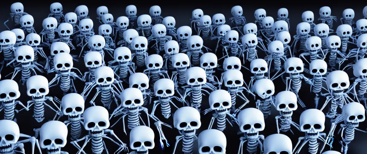 Image similar to hyperrealistic supercute skeleton army ute osterwald jason limon professional concept art dramatic blue lighting wide angle hd 8k sharp shallow depth of field