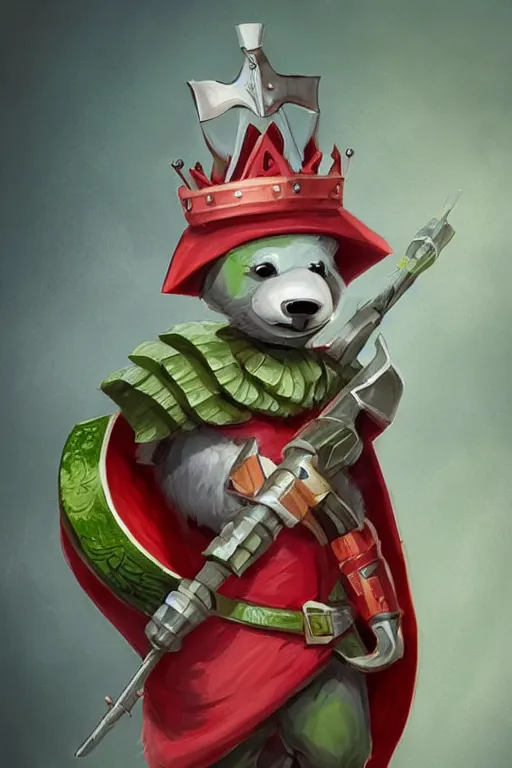 Image similar to cute anthropomorphic watermelon knight wearing a cape and a crown and holding a sniper, tiny, small, miniature bear, baby animal, short, pale blue armor, cute and adorable, pretty, beautiful, DnD character art portrait, matte fantasy painting, DeviantArt Artstation, by Jason Felix by Steve Argyle by Tyler Jacobson by Peter Mohrbacher, cinematic lighting