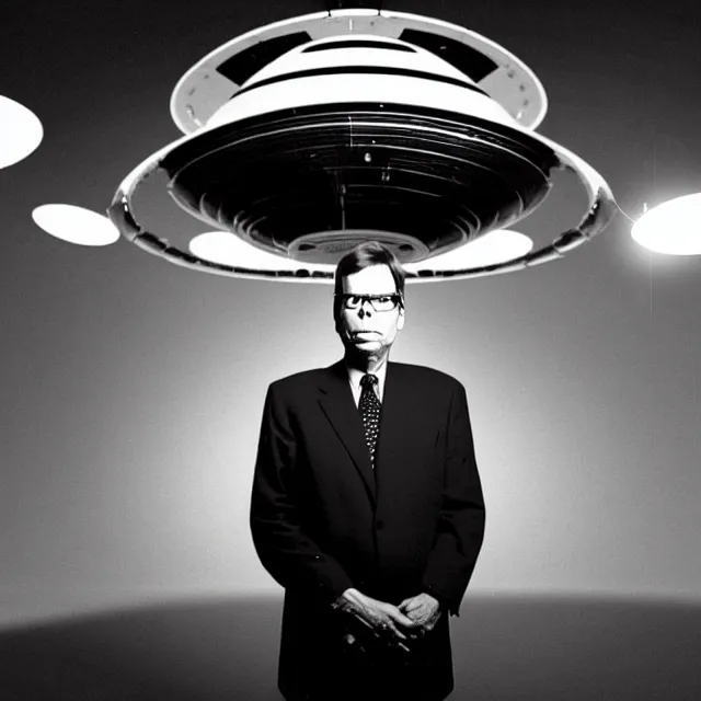 Image similar to a photo of bob lazar with a hangar full of flying saucers at area 5 1, detailed symmetrical face, photorealistic, highly detailed