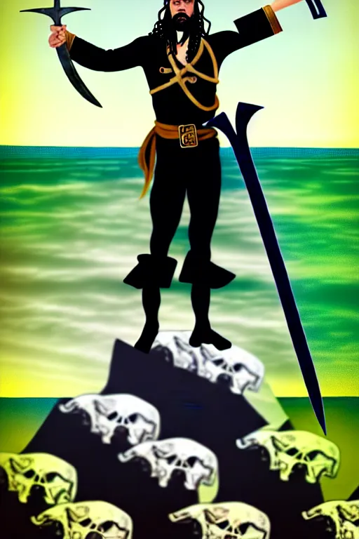 Image similar to an epic fullbody portrait of a pirate captain in masculine pose standing on a pile of skulls and pointing his sword to the sea and the horizone. by boris valejho in style of waldemar von kozak