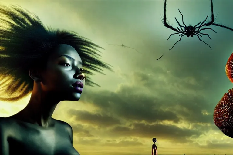 Image similar to realistic detailed photorealistic portrait movie shot of a beautiful black woman with a giant spider, dystopian city landscape background by denis villeneuve, amano, yves tanguy, alphonse mucha, ernst haeckel, david lynch, edward robert hughes, roger dean, cyber necklace, rich moody colours, wide angle