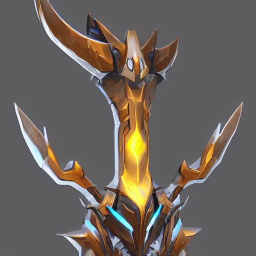 Image similar to a futuristic metallic glaive, weapon design, blizzard concept art style, chunky, fantasy, glowing lights, mechanical parts