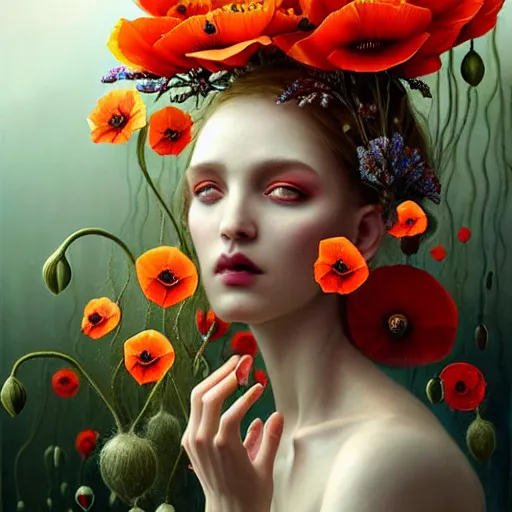 Image similar to unique non-conventional beautiful goddess of poppy, surreal, fantasy, intricate, elegant, dramatic lighting, emotionally evoking symbolic metaphor, highly detailed, lifelike, photorealistic, digital painting, painterly, artstation, concept art, smooth, sharp focus, illustration, art by John Collier and Krenz Cushart and Artem Demura and Alphonse Mucha and Albert Aublet