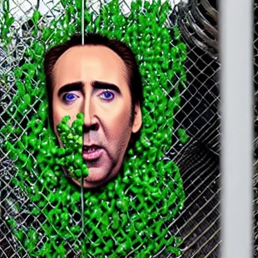 Image similar to nicolas cage trapped in a wicker cage being covered in peas, screaming