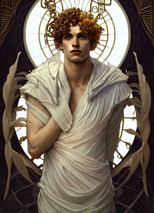 Image similar to the god hermes, young man, curly blond hair, glowing eyes, volumetric lights, cyan and white scheme, art nouveau botanicals, gothic, intricate, highly detailed, digital painting, artstation, concept art, smooth, sharp focus, symmetric face, illustration, steampunk, art by artgerm and greg rutkowski and alphonse mucha