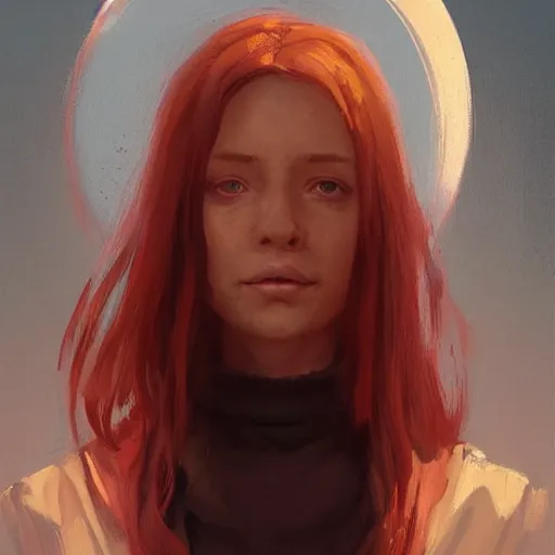 Image similar to Portrait of a woman by Greg Rutkowski, she is about 20 years old, redhead, long straight hair, beautiful oval face, wearing red and black utilitarian jumpsuit, older sister vibes, highly detailed portrait, digital painting, artstation, concept art, smooth, sharp foccus ilustration, Artstation HQ.