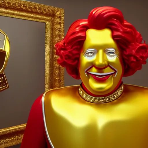 Image similar to A still of Ronald McDonald surrounded by gold and diamonds, Award-winning, photograph, 3d render, unreal engine, 4k detailed