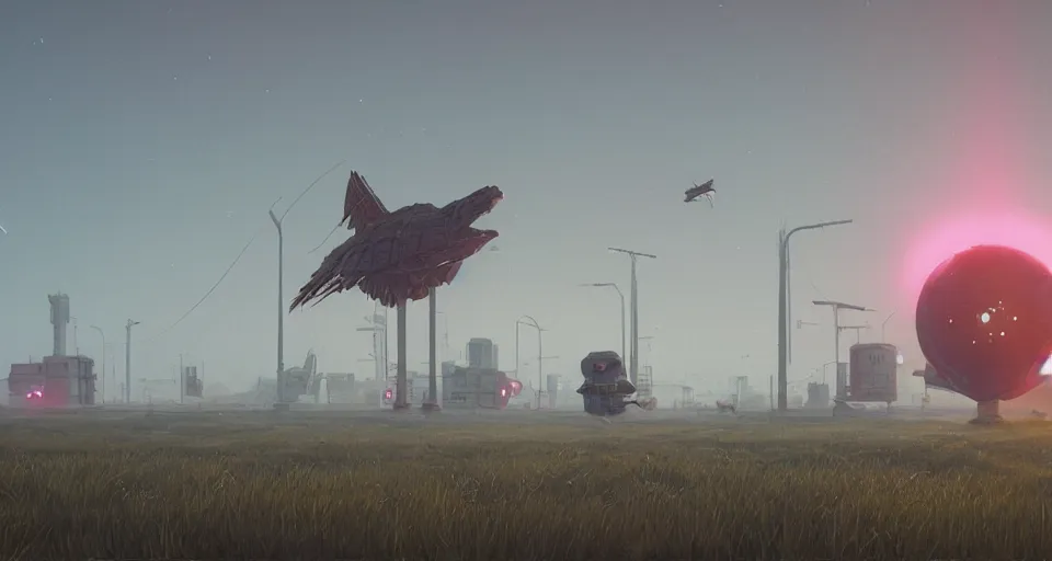 Image similar to A Giant Mechanical bird looms in the distance, mechanical bird, very hazy, rendered by simon stålenhag, rendered by Beeple, Makoto Shinkai, syd meade, environment concept, digital art, starwars, unreal engine, 3 point perspective, WLOP, trending on artstation, low level, 4K UHD image, octane render,