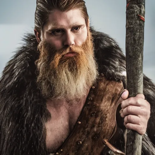 Prompt: a dnd barbarian half frost giant with pale skin and short black beard and hair wearing a fur coat, shoulder armor and holding an axe, high resolution film still, 4k, HDR color