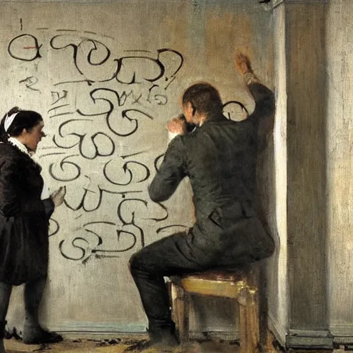 Image similar to a man and a woman solving an escape room puzzle, mysterious markings on the wall, by alfred stevens